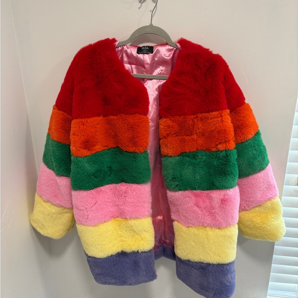 Dressed in LALA Rainbow Striped Faux Fur Puffer Coat